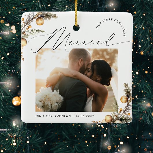 Ornement En Céramique Gold 2 Photo 1st Christmas Marié Joyeux Mr & Mrs.