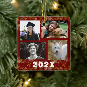 Ornement En Céramique Gold Snowflakes Family Photo Collage Date