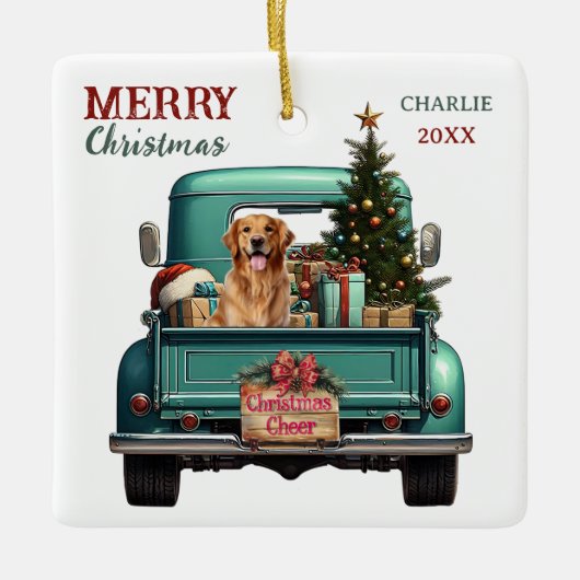 Ornement En Céramique Golden Retriever Chien Retro Truck Noël (Devant)