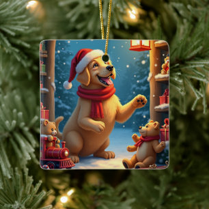 Ornement En Céramique Golden Retriever dans l'atelier du Père Noël Noël