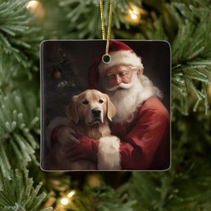 Ornement En Céramique Golden Retriever with Santa Clause Christmas