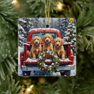 Ornement En Céramique Goldendoodle Noël Camion Rouge Fêtes