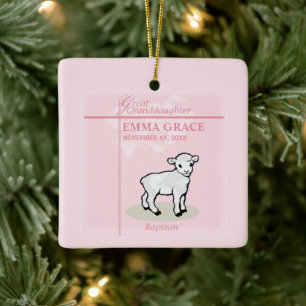 Ornement En Céramique Grand Baptême-Petite-Fille Rose Agneau