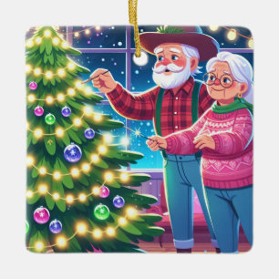 Ornement En Céramique Grand-mère et grand-père décorant l'arbre de Noël