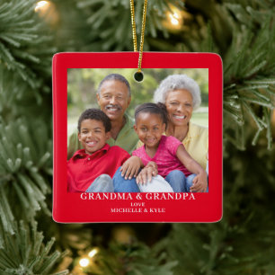 Ornement En Céramique Grand-parents de Noël rouge moderne Nom de la phot