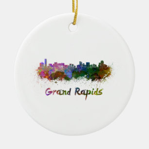 Ornement En Céramique Grand Rapids skyline in watercolor