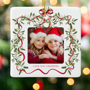 Ornement En Céramique Grandma Wavy Frame Bow Green Photo Noël