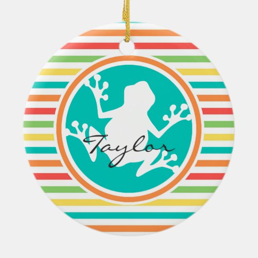 Ornement En Céramique Grenouille blanche; rayures arc-en-ciel brillantes (Dos)