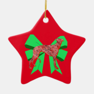 Ornement En Céramique Greyhound Chien Silhouette Rouge et Vert Bow Noël