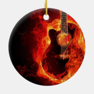 Ornement En Céramique Guitare en feu, Flames Orange Musique Groupe de Ro