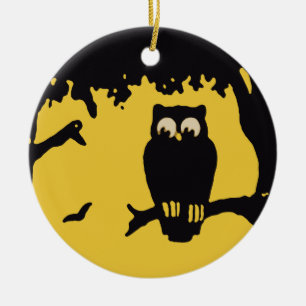Ornement En Céramique Halloween vintage, hibou effrayant dans l'arbre av