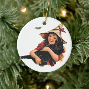 Ornement En Céramique Halloween vintage, sorcière avec chat noir