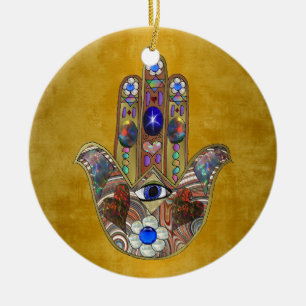 Ornement En Céramique Hamsa Cœurs Fleurs Opale Art sur Or
