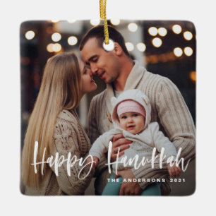 Ornement En Céramique Happy Hanukkah Brush Lettering Multiphoto