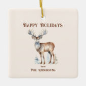 Ornement En Céramique Happy Holidays Watercolor Reindeer Personnalisé (Devant)