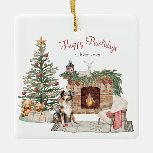 Ornement En Céramique Happy Pawlidays Chien Design - Australian Shepherd (Devant)