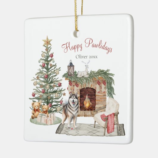 Ornement En Céramique Happy Pawlidays Chien Design - Malamute d'Alaska (Gauche)