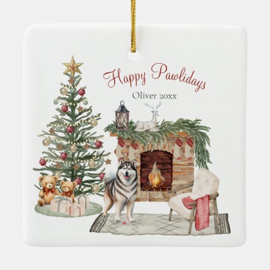 Ornement En Céramique Happy Pawlidays Chien Design - Malamute d'Alaska (Dos)