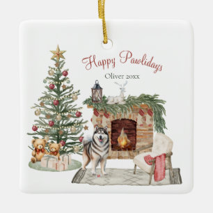 Ornement En Céramique Happy Pawlidays Chien Design - Malamute d'Alaska