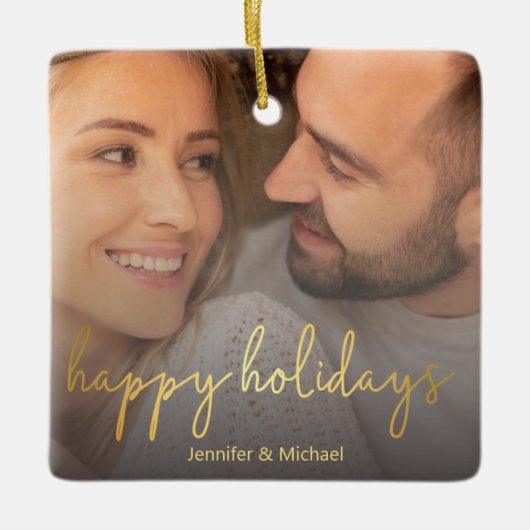 Ornement En Céramique happy vacances or script couple photo (Devant)