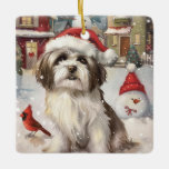 Ornement En Céramique Havanais Winter Wonderland Noël Joie<br><div class="desc">Ce design festif reflète l'esprit joyeux de la période des fêtes, avec un adorable petit portant un chapeau de Père Noël. Le chien est niché dans un pays des merveilles hivernales, avec un bonhomme de neige, un sapin de Noël décoré et des cadeaux joliment emballés. Les flocons de neige tombent...</div>