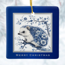Hérisson Chinoiserie Toile Bleue Fleur Noël