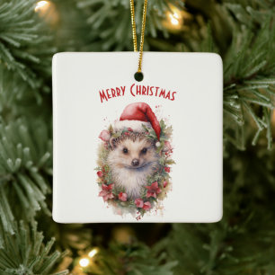 Ornement En Céramique Hérisson dans un chapeau de Noël Rouge Poinsettia