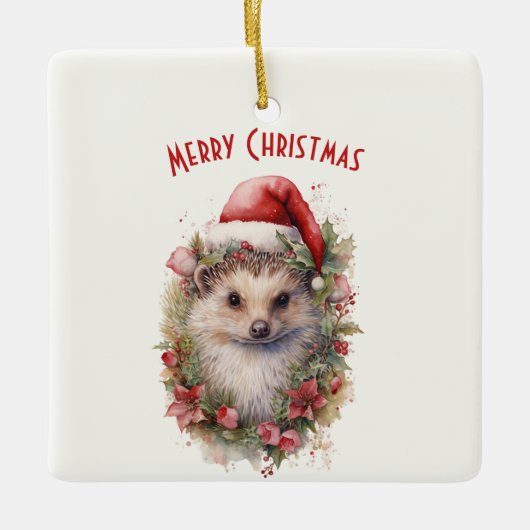 Ornement En Céramique Hérisson dans un chapeau de Noël Rouge Poinsettia (Devant)