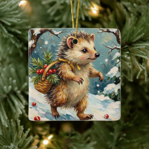 Ornement En Céramique Hérisson vintage avec panier de baies de Noël