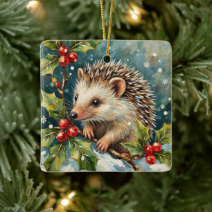 Ornement En Céramique Hérisson Vintage Parmi les Feuilles de Houx Noël
