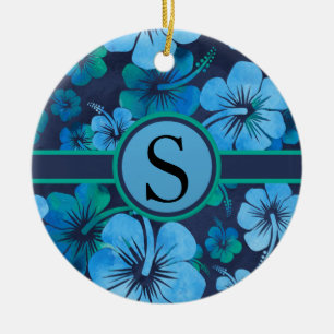 Ornement En Céramique Hibiscus Tropical Vert Bleu Monogramme Floral