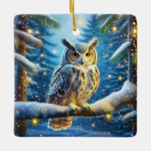 Ornement En Céramique Hibou Grand-duc Dans Une Forêt Couverte De Neige