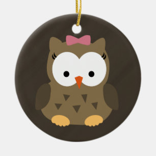 Ornement En Céramique Hibou mignon de bébé avec l'arc rose