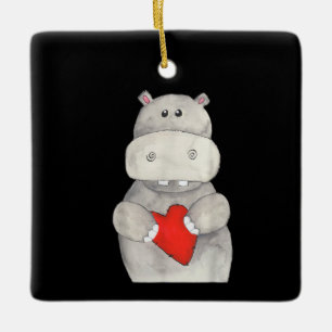 Ornement En Céramique Hippopotame mignon tenant le coeur Love Hippo