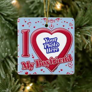 Ornement En Céramique I Love My Boyfriend Photo Red Hearts Light Blue