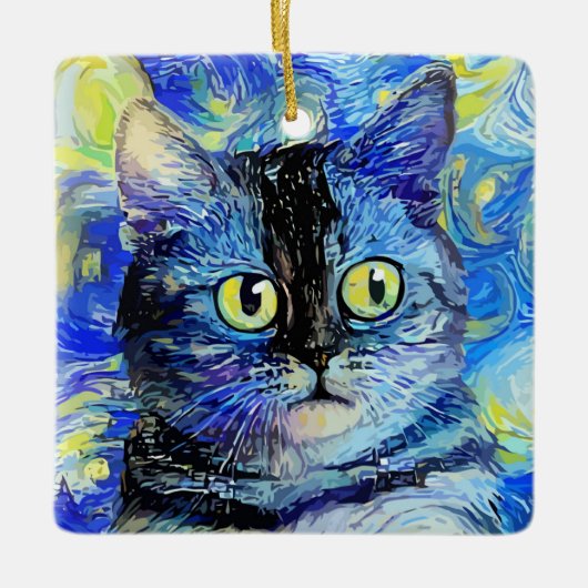 Ornement En Céramique Impressionniste Starry Night Tabby Cat Portrait (Devant)