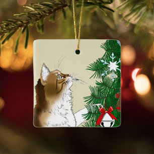 Ornement En Céramique Inspection de l'arbre de Noël Drôle Chat Calico Fê