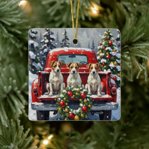 Ornement En Céramique Jack Russell Terrier Noël Camion Rouge Fêtes de fi