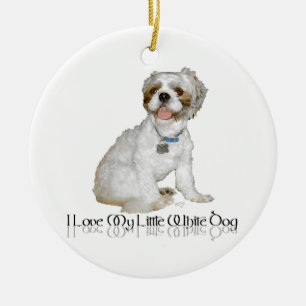 Ornement En Céramique J'adore mon petit chien blanc - Shih Tzu