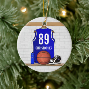 Ornement En Céramique Jersey de basket-ball bleu et blanc personnalisé