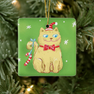 Ornement En Céramique Joli chat de Noël de dessin animé avec chapeau de