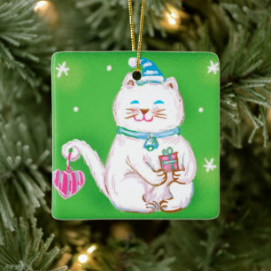 Ornement En Céramique Joli chat de Noël de dessin animé portant un chape