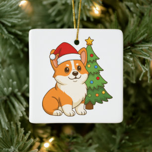 Ornement En Céramique Joli chien Corgi avec un chapeau rouge et un sapin