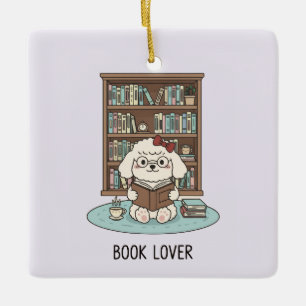 Ornement En Céramique Joli chiot caniche amateur de livres Noël pastel