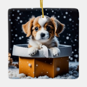 Ornement En Céramique Joli chiot dans une boîte-cadeau de Noël