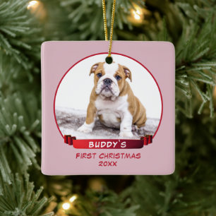 Ornement En Céramique Joli chiot rose 1er Noël Photo de chien