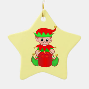 Ornement En Céramique Joli elfe de Noël sur fond jaune