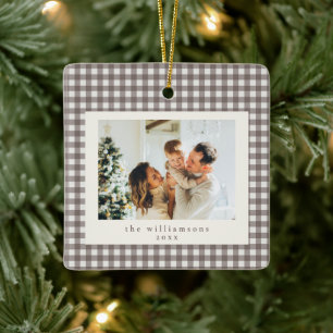 Ornement En Céramique Joli Gingham à carreaux marron personnalisé Noël P