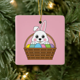 Ornement En Céramique Joli lapin blanc coloré Pâques Panier de chasse au