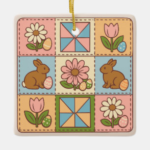 Ornement En Céramique Joli lapin de Pâques pastel en patchwork de fleurs